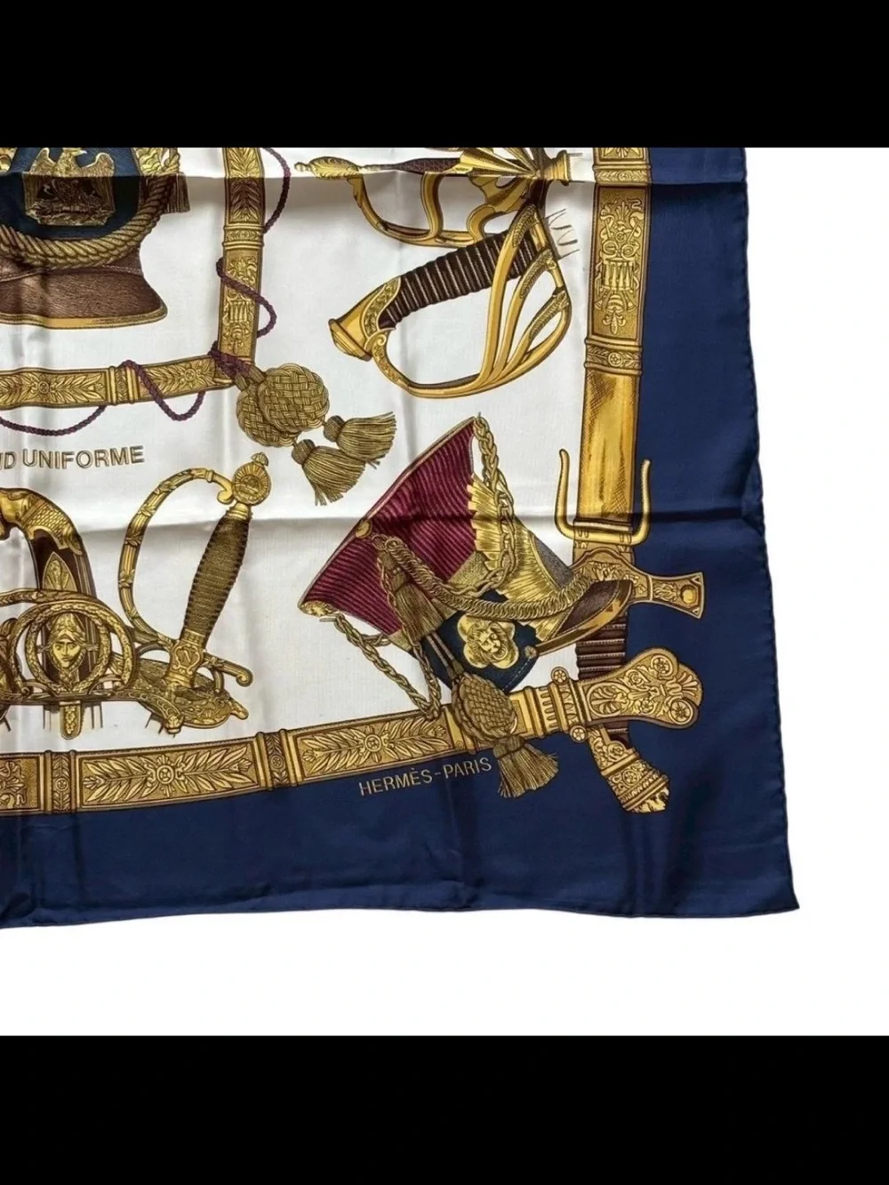 Hermes Navy, Gold & Cream Silk Scarf